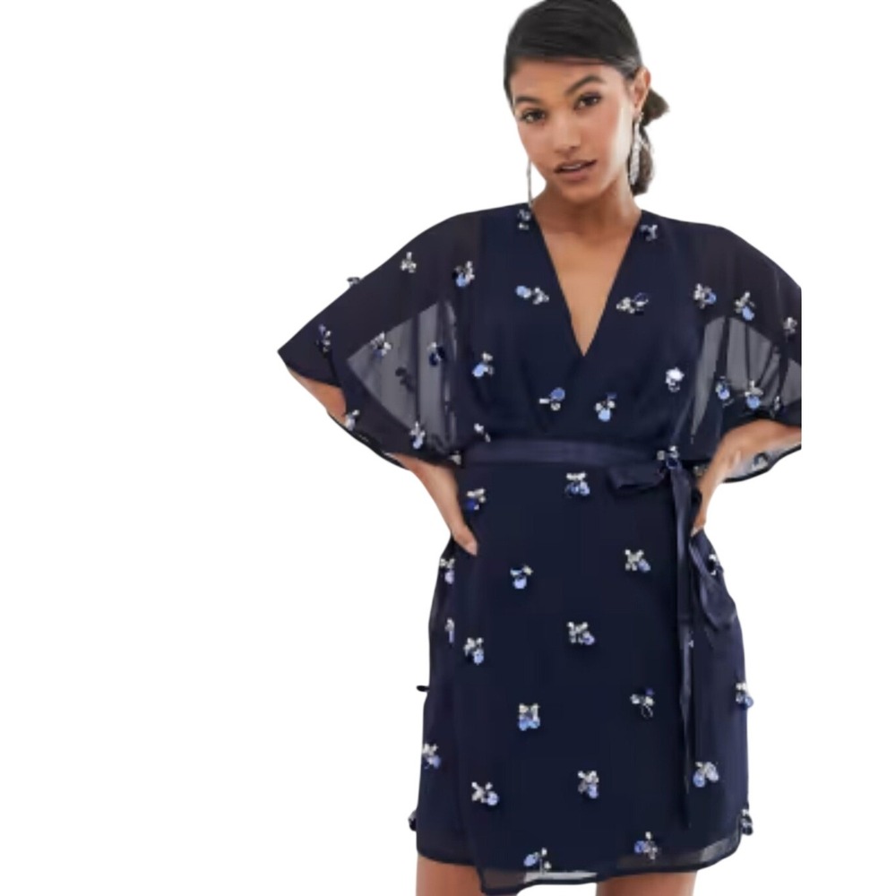ASOS Navy Blue Embellished Flutter Sleeve Wrap Tie Dress V-Neck Size‎ 8 Party